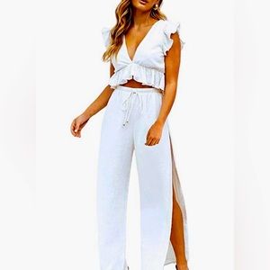 NWT Two Piece White Summer Outfit Crop Top and Pants w/ Sideslit (Size; LARGE)